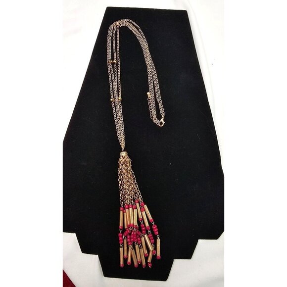 Vintage Gold Tone Tube Tassel Necklace Bead Accents Boho Chic Jewelry - Picture 5 of 5